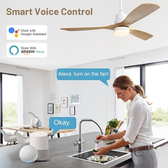Sofucor 52 Inch Smart Ceiling Fan, Indoor/Outdoor Ceiling Fans with Lights and Remote, Work with Alexa/Google/APP, 6-Speed, Quiet DC Motor, 3 Blades Solid Wood Ceiling Fans for Bedroom Farmhouse Patio