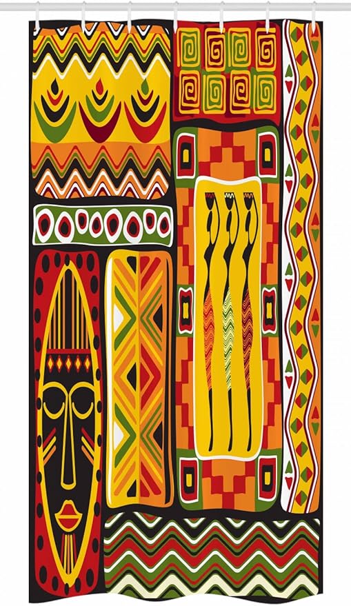 Ambesonne African Stall Shower Curtain, Elements Historical Original Striped and Rectangle Shapes Design, Fabric Bathroom Decor Set with Hooks, 36" W x 72" L, Scarlet Yellow