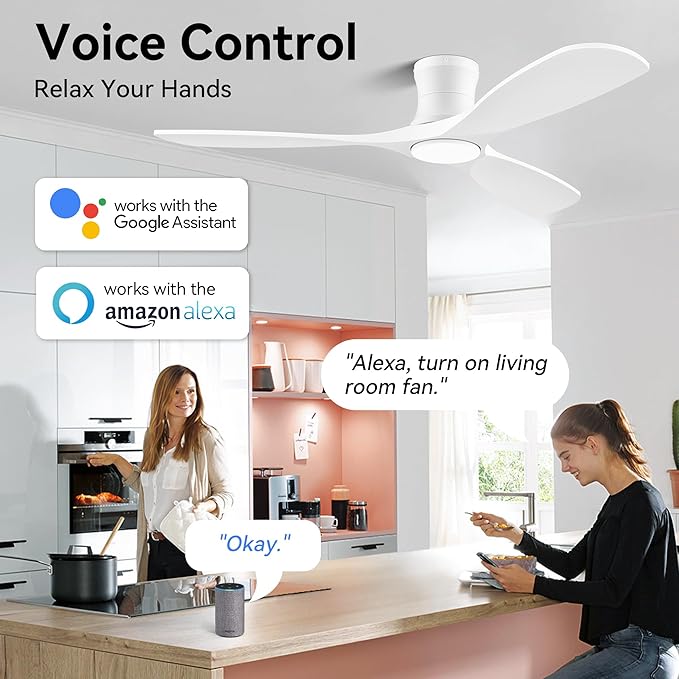 Livory 52” Wood Smart Flush Mount Ceiling Fans with Lights and Remote,Quiet DC Motor,Outdoor Indoor Ultra Low Profile Ceiling Fan works with Alexa WIFI APP,Modern White Ceiling Fan for Bedroom Patio