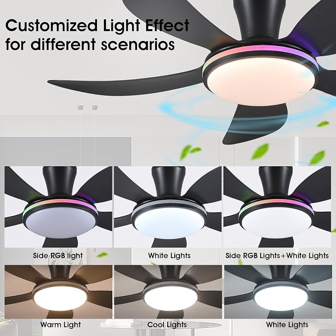 PHORUS 48" Black Modern Low Profile RGB Ceiling Fans with Lights and Remote | 13 RGB Modes,Supports Remote and APP,6 Wind Speeds, Reversible, Dimmable 3 CCT LED, 30W DC Motor,Suits for Bedroom Kidsroom