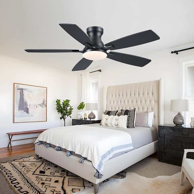 JSAITEE 46 Inch Low Profile Flush Mount Ceiling Fan with Lights, Black | 46" Ceiling Fan with 5 Dual-Sided Blades and 6 Speeds 3CCT Dimmable, Modern Indoor Fan Light Fixtures for Bedroom, Kitchen