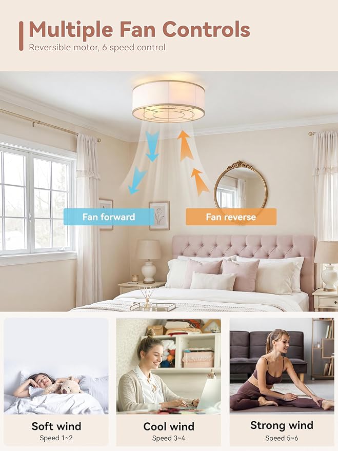Low Profile Ceiling Fans with Lights, 20" Gold Boho Ceiling Fan with Light Flush Mount and Remote Control, Drum Caged with 6 Speeds for Bedroom, Nursery, Living Room