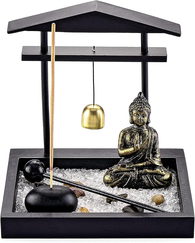 Jovivi Zen Garden Set Buddha Statue, Mallet & Rocks and Crystals & Incense Stick Holder Bowl & Wooden Display Tray for Yoga Meditaion Home Table Decor Gift