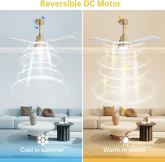 CACI Mall 48 inch Smart Ceiling Fans with Lights, Low Profile, Modern, Gold, 3 Blades, Solid Wood, Remote Control, Work with Alexa/Google, Outdoor Indoor Ceiling Fans for Patio Living Room Bedroom