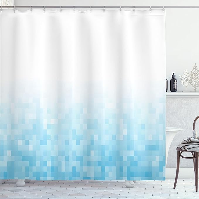 Ambesonne Ocean Shower Curtain, Abstract Pattern Sea Ocean Inspired Diamond Squares Shapes Monochromic Art Design, Cloth Fabric Bathroom Decor Set with Hooks, 69" W x 84" L, White Blue