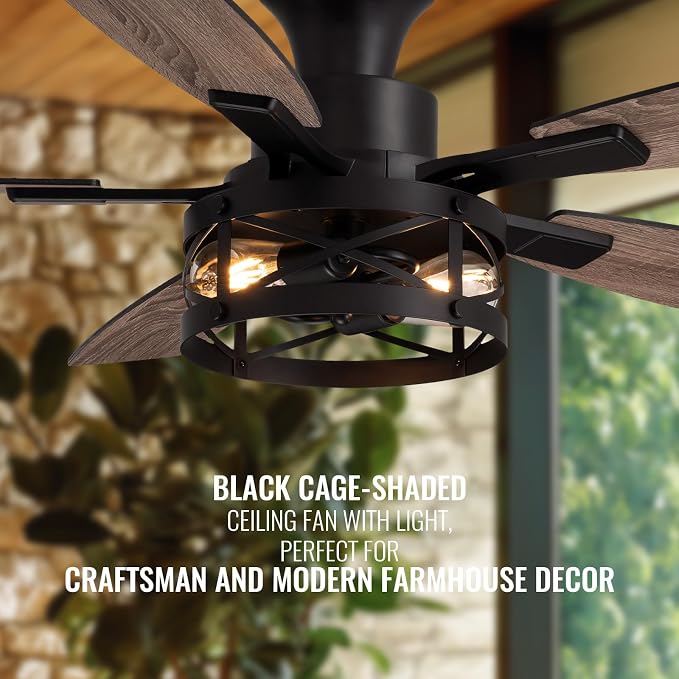 52 Inch Flush Mount Ceiling Fans with Lights and Remote Control, Low Profile Farmhouse Ceiling Fan for Bedroom Living Room and Patio, Black Caged Ceiling Fan for Indoor and Outdoor（NO BULBS）