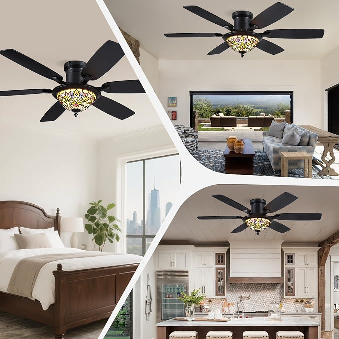 Tiffany Ceiling Fans with Lights - 52" Ceiling Fan Chandelier with Stained Glass Shade, 6 Speeds Reversible 6 Dual-Blades, Flush Mount, 3 CCT Dimmable LED Lights, Remote & APP Control, Vintage Style