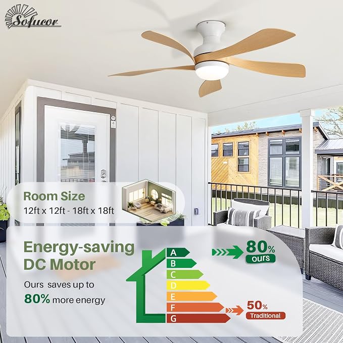 Sofucor Smart 42'' Low Profile Ceiling Fan with Lights and Remote, Flush Mount Ceiling Fan Work with APP/Alexa/Google for Modern Bedroom Living Room Patio, Dimmable LED Quiet Reversible DC Motor