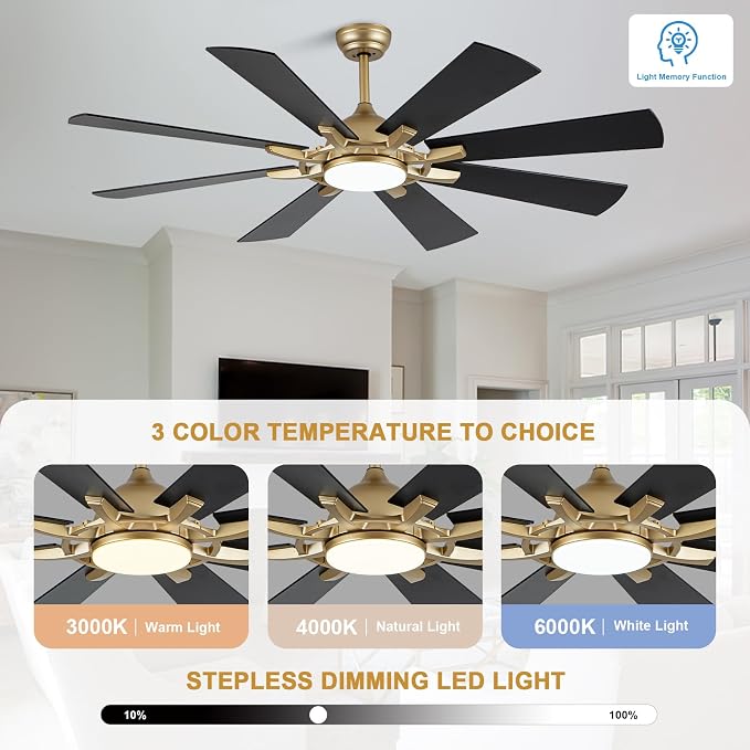 Bella Depot 60" Black and Gold Ceiling Fan with Light & Remote | Dimmable LED Light, 3CCT, 6-Speed Quiet Reversible DC Motor, Timer, Modern Indoor Ceiling Fan for Bedroom Living Room Patio