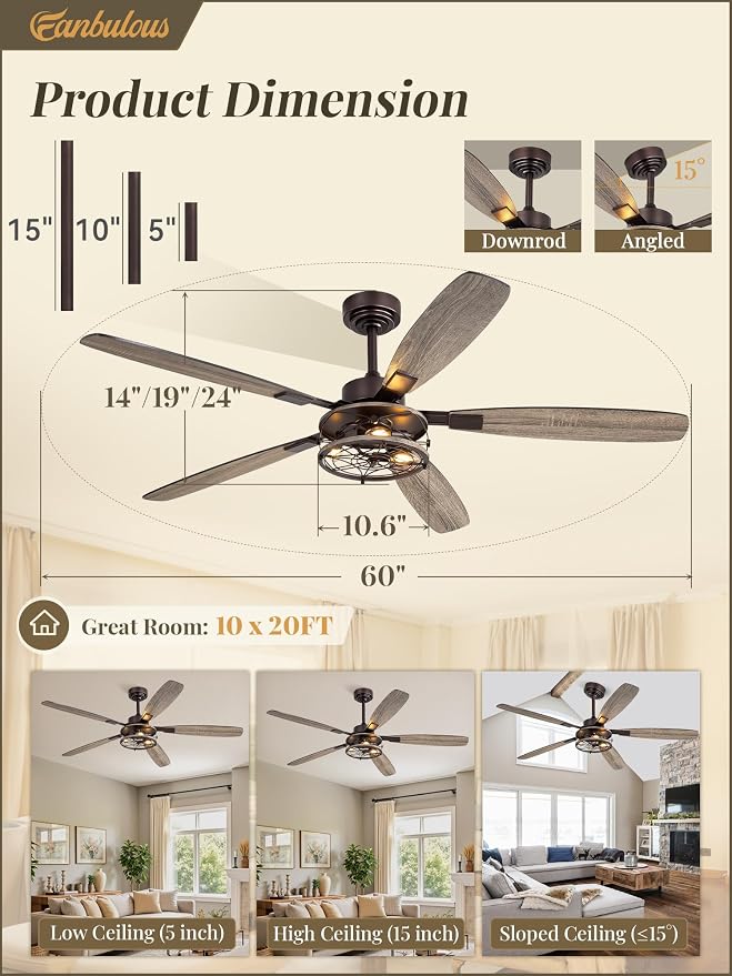 Fanbulous Farmhouse Ceiling Fan with Light and Remote, Industrial Caged Flush Mount Ceiling Fans with 6 Speed Reversible Motor and Dual Finish 5 Blades, for Living room, Bedroom (Oil Bronze, 60 Inch)