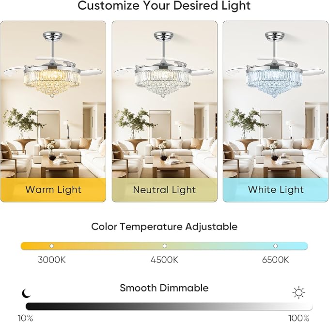 52 Inch Fandelier Ceiling Fan with Light, Retractable Chandelier Fan LED Dimmable Crystal Ceiling Fan for Bedroom Living Room Dining Room-Chrome