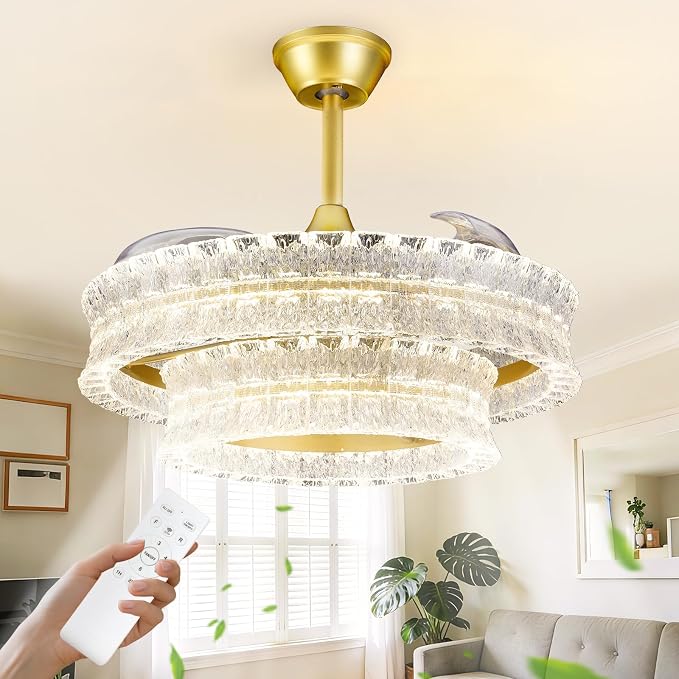 Depuley Crystal Ceiling Fans with Lights: 24" Gold Cagd Fan with Remote Control - Fandelier Fan Light for Girl's Bedroom Living Room Nursery
