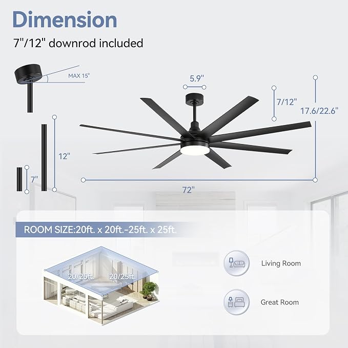 72 inch Ceiling Fans with Lights and Remote, 8 Reversible Blades, 6-Speed Quiet DC Motor, Timer, 3 Color LED Light, 2 Downrods, Industrial Black Indoor Ceiling Fan Fandeliers for Bedroom Living Room