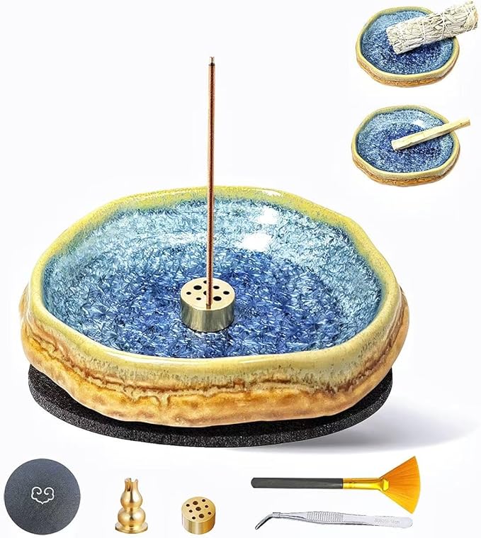 Handmade Ceramic Incense Burner, Ash Catcher for Sticks, 9 Incense Holes Suitable for Most Types, Cones, Palo Santo & Sage, Ideal for Meditation, Incense Smudging, and Home Decor (Blue Crystal)
