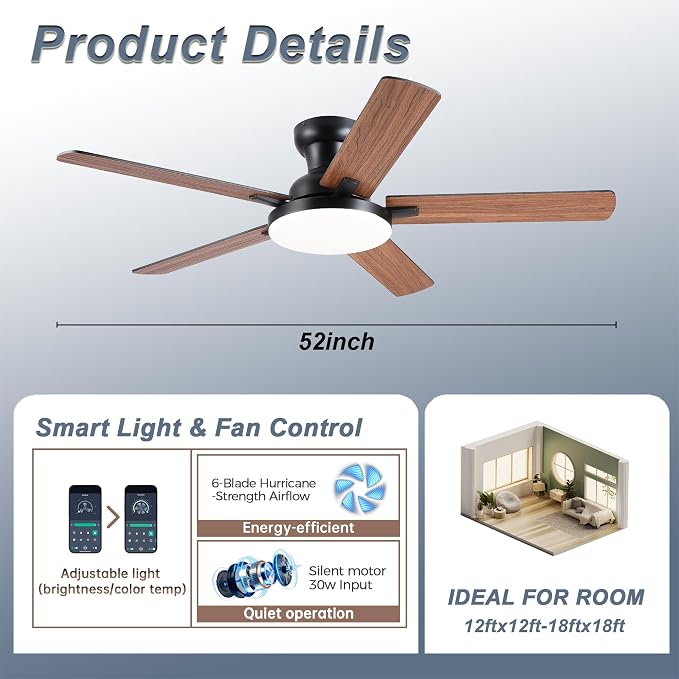 Flush Mount Ceiling Fans with Lights, 52" Ceiling fan with Remote Control, Low Profile Ceiling Fan with 3CCT, Dimmable, Noiseless DC Motor, Modern Fan Light Fixture for Bedroom, Kitchen, Brown