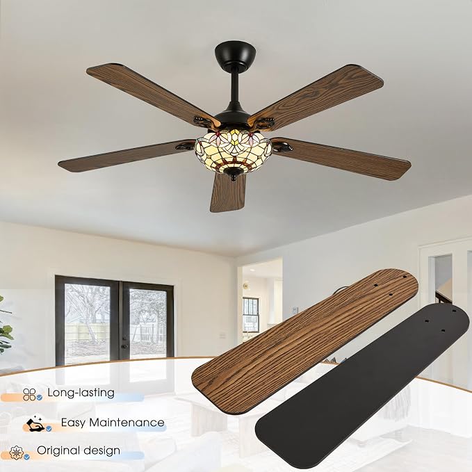 52" Tiffany Style Ceiling Fans with Lights, Vintage Chandelier Ceiling Fan with Stained Glass Shade, Dimmable LED, 6 Speeds Reversible for Bedroom (Red Dot)
