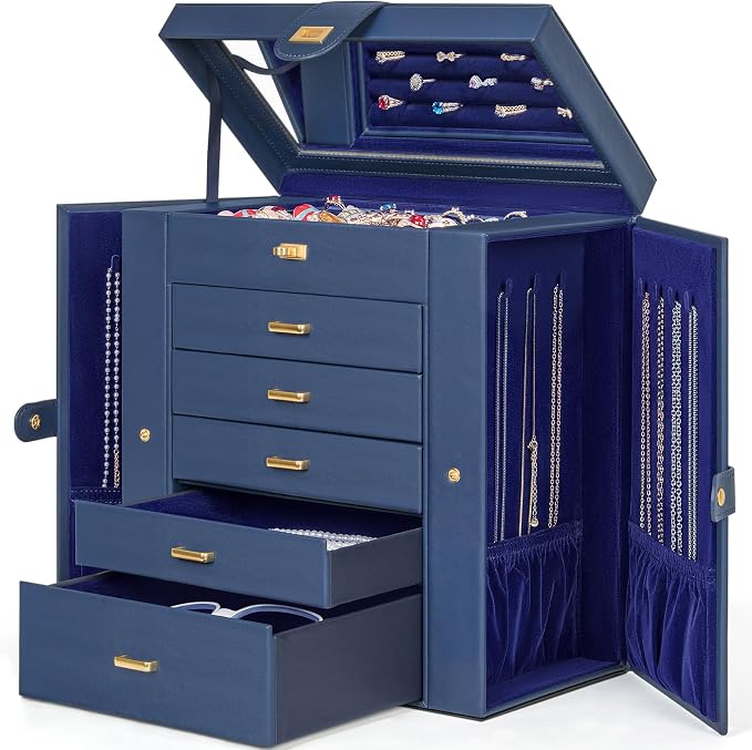 AKOZLIN 6-Tier Jewelry Box Organizer Functional 5 Drawers Leather Jewelry Storage Case for Women Girls Ring Necklace Earring Bracelet Holder Organizer with Mirror Extra Large Blue