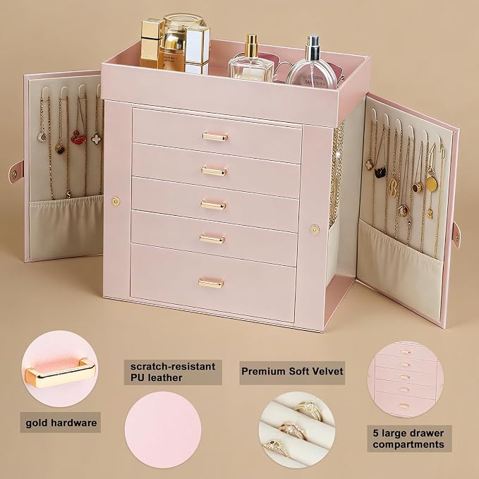 BOOVO Large Jewelry Boxes For Women (Rose Gold, 6 Layer) | 6 Layers Jewelry Organizer Box With Cosmetic Storage Drawer, Necklace Ring Jewelry Organizer Box