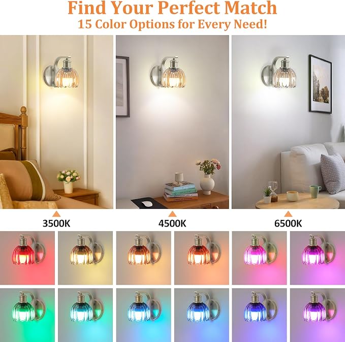 Rechargeable Battery Operated Wall Sconce Set of Two with Amber Glass Lampshade, Wireless Wall Scone Decor with Remote Control, 15 Colors Brushed Nickle Wall Light for Bedside Hallway Bedroom Doorway