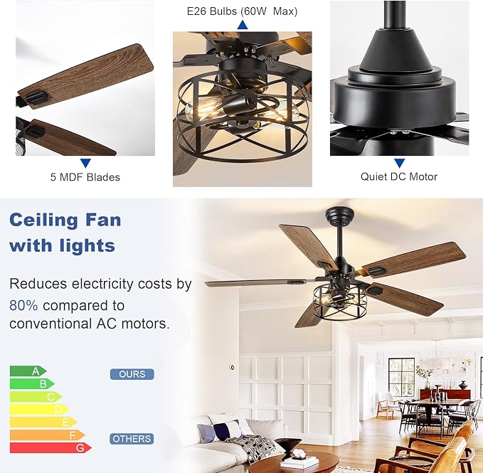 Depuley 52-Inch Ceiling Fans with Lights: Caged Ceiling Fans Dual Finish 5 Blades - Rustic Ceiling Fan with Remote Control for Farmhouse Living Room Outdoor Porch Noiseless (Black Walnut)