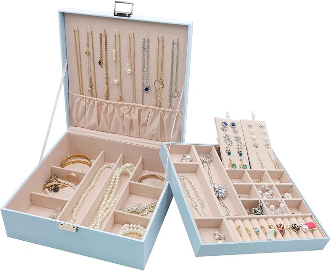 ProCase 2 Layers Jewelry Box for Women -Blue | Large Leather Jewelry Organizer Storage Case with Removable Pad for Earrings