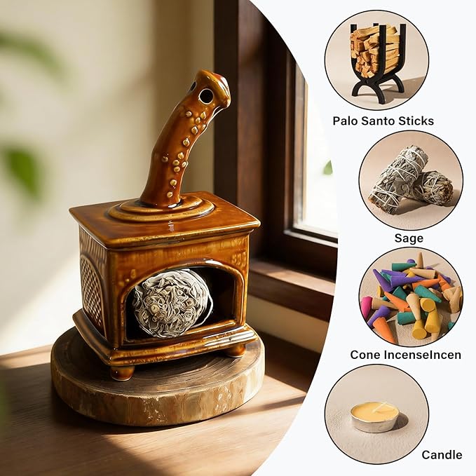 MOUGIGI Farmland Brown Ceramic Palo Santo Holder & Mini Chiminea Smudge Bowl - Versatile Burner for Sage Sticks, Incense Cones, Copal & Candles - Perfect for Yoga,Zen Ash,Meditation & Mindfulness