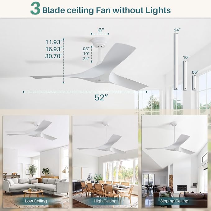 CACI Mall 52 Inch Propeller Ceiling Fan No Light, Remote Control, 6 Speeds Noiseless DC Motor, 3 ABS Blades, Indoor Outdoor Ceiling Fans for Living Room, Bedroom, Patio