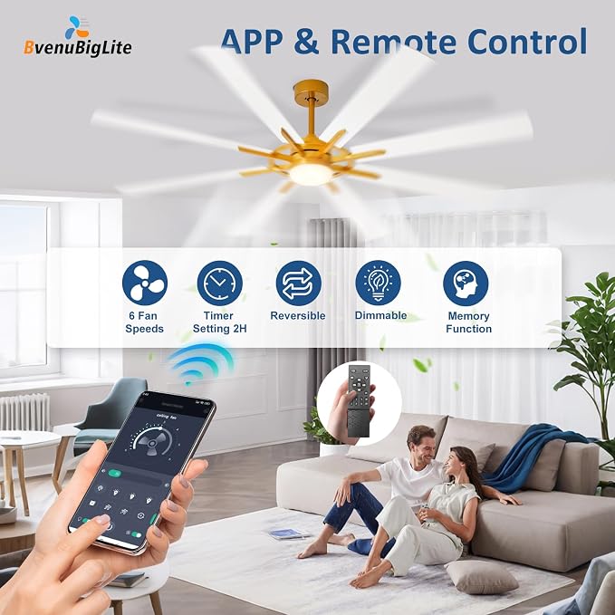 Large Ceiling Fans with Lights: Modern 72 Inch 8 Blade Outdoor Ceiling Fan with Remote APP Control - Dimmable White Gold Big Fan Light Indoor Reversible 6 Speed Quiet DC Motor