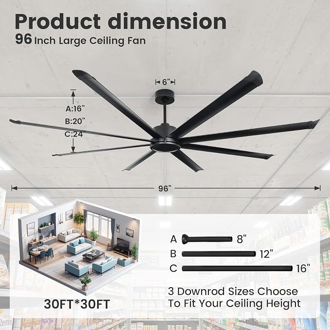 96 Inch HVLS Industrial Ceiling Fan, Large Ceiling Fan with Remote Control, High Airflow Commercial Fan for Garage Gym Shop Warehouse, Quiet DC Motor, 6 Speeds, 8 Aluminum Blades
