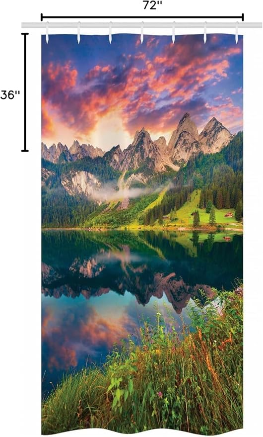 Ambesonne Landscape Stall Shower Curtain, Summer Sunrise on Vorderer Gosausee Lake in The Austrian Alp Mountains, Fabric Bathroom Decor Set with Hooks, 36" W x 72" L, Pink Green