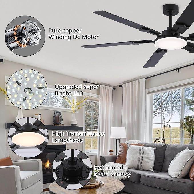 NKPU 66 Inch Large Ceiling Fans with Lights and Remote, Black Modern Indoor/Outdoor Ceiling Fan for Living Room Kitchen Patio, 6 Speed Reversible DC Motor, 3 CCT Lighting, Dual Finish 6 Blades