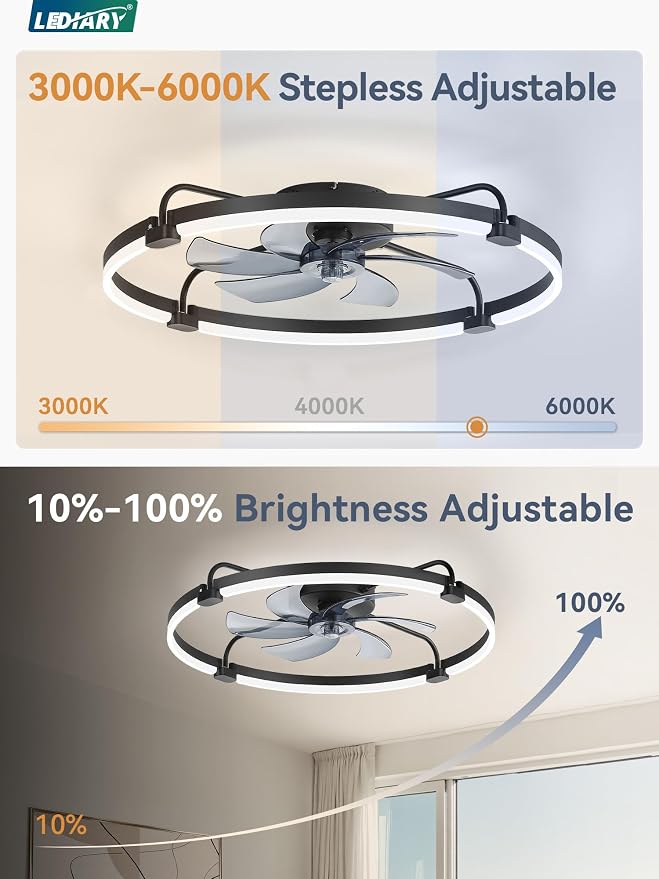 LEDIARY 30" Ceiling Fans with Lights and Remote, Low Profile Led Fan Light | Stepless Dimmable Fandelier, 6 Wind Speeds, Remote and APP Control, Flush Mount Ceiling Fan for Bedroom, Living Room, Black