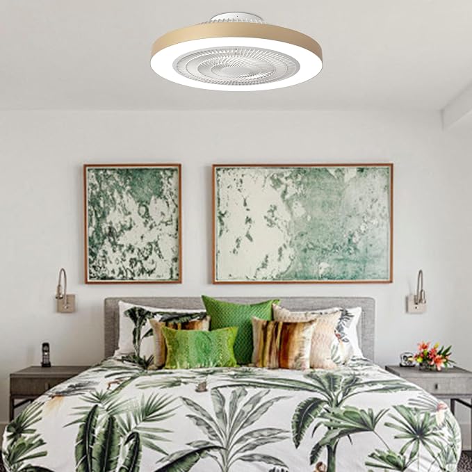 Depuley LED Ceiling Fan with Light: 19" Modern Flush Mount Low Profile Ceiling Fans with Remote & Smart APP Control - Gold Bladeless Fandelier Dimmable Quiet DC Motor for Bedroom Kids Room 6 Speeds