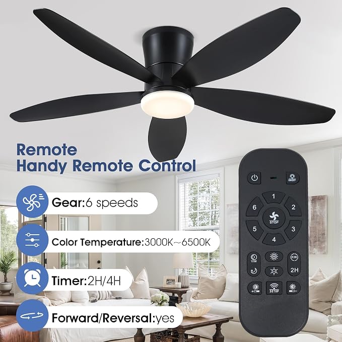 Surtime 48" Ceiling Fans with Lights-Low Profile Ceiling Fan with Light and Remote/APP Control, Black Flush Mount Ceiling Fans,DC Reversible,LED Dimmable