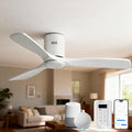 Sofucor 52 Inch Smart Ceiling Fan Without Lights Flush Mount Solid Wood Ceiling Fan with Alexa/Google Assistant/APP/Remote Control-Modern Outdoor Ceiling Fans No Light for Bedroom/Patio, White