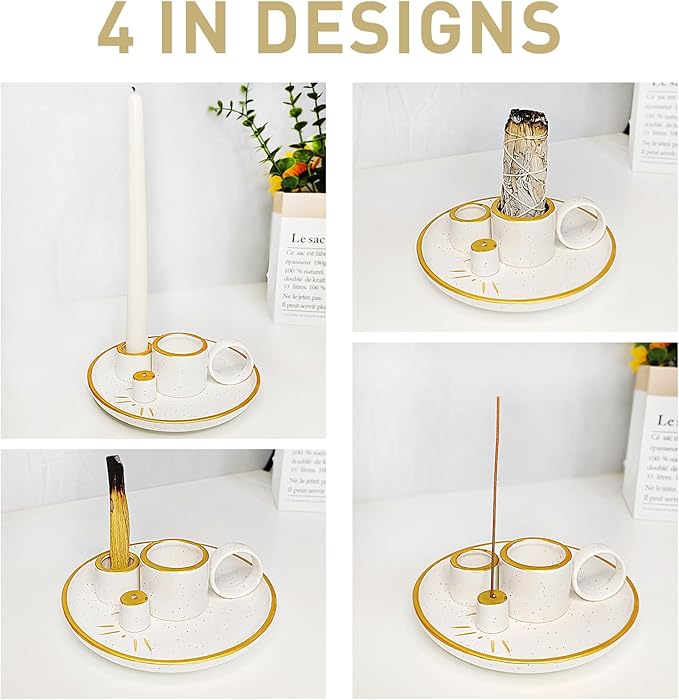 Multi-Purpose Ceramic Incense Burner and Holder Set with Handle, with Ash Catcher Tray and Candle Holder for Meditation and Yoga Room (Gold)