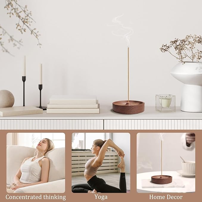 Incense Holder,Black Walnut Hand - Crafted Round Burner for Sticks with Ash Catcher 3.5‘×3.5’,Perfect for Relaxation at Home, Yoga,Spa & as a Gift