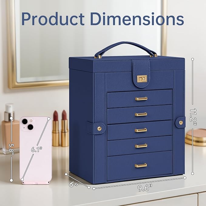 AKOZLIN 6-Tier Jewelry Box Organizer Functional 5 Drawers Leather Jewelry Storage Case for Women Girls Ring Necklace Earring Bracelet Holder Organizer with Mirror Medium Blue