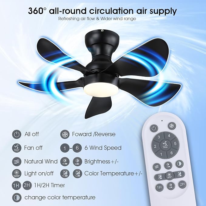 Kviflon 30 Inch Ceiling Fans with Lights Remote Control, Low Profile Small Ceiling Fans with 5 Reversible Propeller Blades, 3 Colors Dimmable LED Lights, 6 Speeds for Bedroom Kids Room Kitchen, Black
