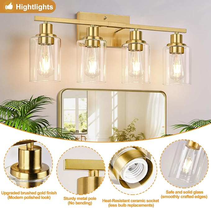 Indoi 4-Light Bathroom Light Fixtures, Brushed Gold Modern Vanity Lights with Clear Glass Shades, Bathroom Wall Lamp for Mirror Living Room Cabinet Bedroom Porch