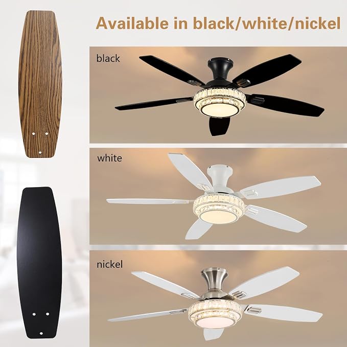 Ceiling Fans with Lights - Crystal Ceiling Fan, 52" Low Profile and Remote Control, Flush Mount, Reversible, 3CCT, Dimmable, Noiseless, Black Ceiling Fan for Bedroom