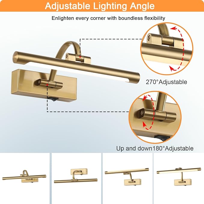 Tassuowell Rechargeable Picture Light with Remote Control,12 Inch Brass Finish Adjustable Wireless Art Lighting Fixture,Painting Lights with Timer,3 Color Temperature and Dimmable