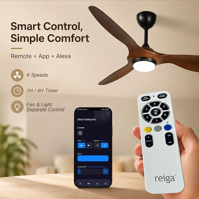 reiga 52" Modern Ceiling Fan with Light, Smart Alexa APP Remote Control | ABS Brown Blades,Metal Fittings,Quiet Energy-Saving DC Motor,6 Wind Speeds Reversible,Dimmable CCT Light,Downrods Included