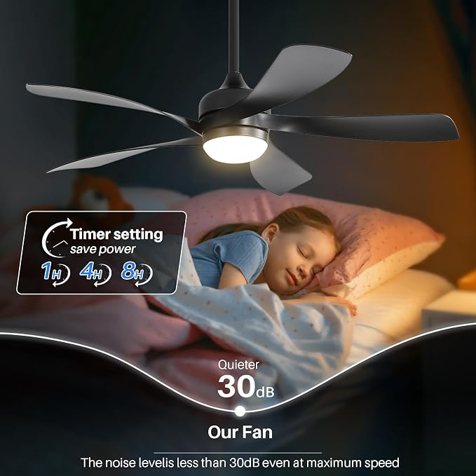 CACI Mall 52 inch Black Ceiling Fans with Lights, Remote Control, Modern, Low Profile, Outdoor Ceiling Fan with 5 Blades, Quiet Reversible DC Motor for Living Room, Bedroom, Patios