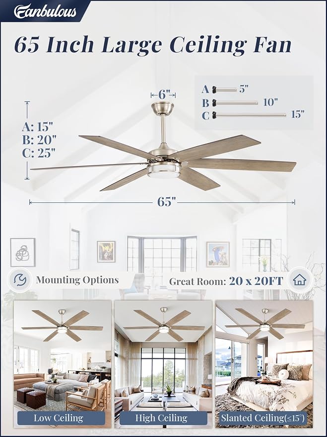 Fanbulous 65 Inch Ceiling Fans with Lights, Farmhouse Large Ceiling Fans with Remote, Brown&Grey Modern Ceiling Fan with LED Light, Quiet DC Motor for Living Room, Bedroom, Kitchen, Indoor