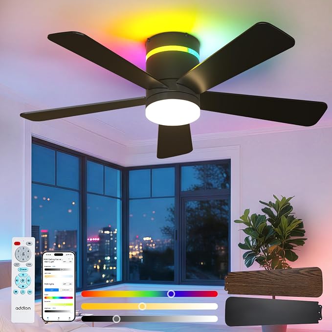 addlon RGB Ceiling Fans with Light, 42‘’ Low Profile Flush Mount Small Ceiling Fan, Remote Control/APP Control, Reversible, Sleek Modern Fan for Bedroom, Living Room, Kids Room, Indoor/Outdoor, Black