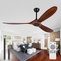 60" Ceiling Fan [No Light with Remote Control], Indoor Outdoor Ceiling Fan [with 3 Wooden Blades] for Patio, Living Room, Bedroom, Office, Farmhouse. Black + Walnut Color.