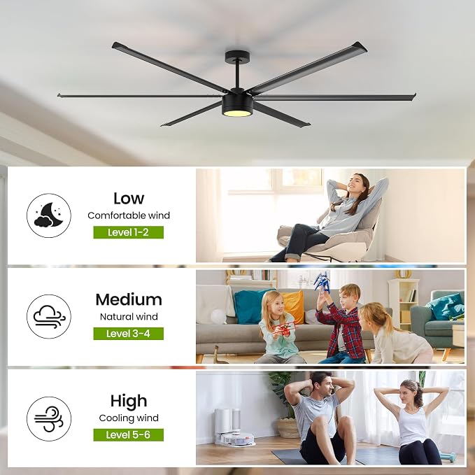 96 Inch Industrial Ceiling Fan with Light,Large Ceiling Fan with Remote and APP,6 Reverisble Aluminum Blades,6-Speed,Indoor,Outdoor Ceiling Fans for Patios/Shop/Garage/Commercial Black