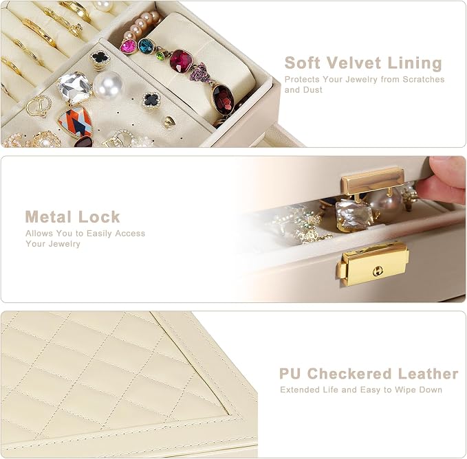 GUOER Jewelry Box for Women Girls, Two Layers Jewelry Organizer (Apricot) | Vintage Quilting Stitching PU Leather, Earrings Bracelets Rings Necklace Watches Storage Large Jewellery Holder Case Gifts