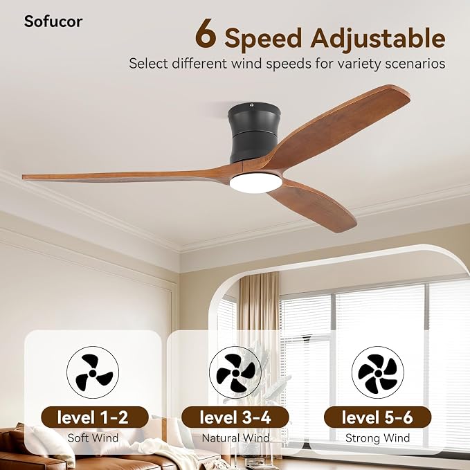 Sofucor 52" Smart Ceiling Fan, Solid Wood Ceiling Fan with Lights and Remote, Flush Mount Ceiling Fan Works with Alexa/Google/App, Dimmable 6-Speed Timing Reversible DC Motor for Bedroom Living Room